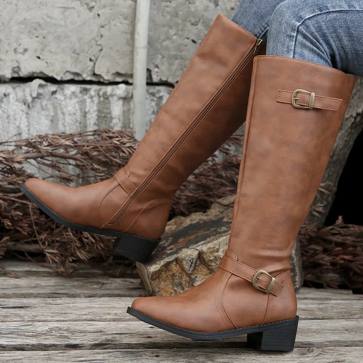 Women PU Leather Autumn Winter Round Toe Knight Platform Square Heel Knee High Boots