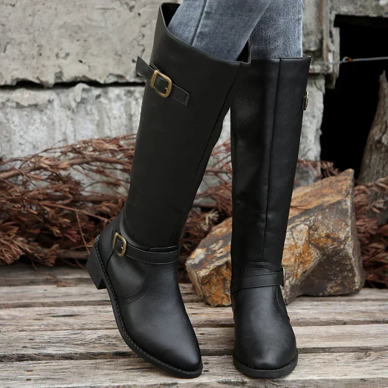 Women PU Leather Autumn Winter Round Toe Knight Platform Square Heel Knee High Boots