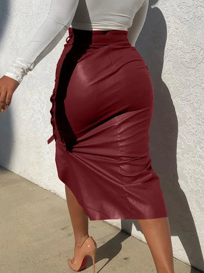 DressBetty - PU Leather Midi Skirt Solid Color High Waist Slim Pencil Skirt