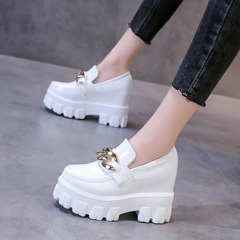 Patent Leather Breathable Chain Chunky High Heels Platform Sneakers Loafers