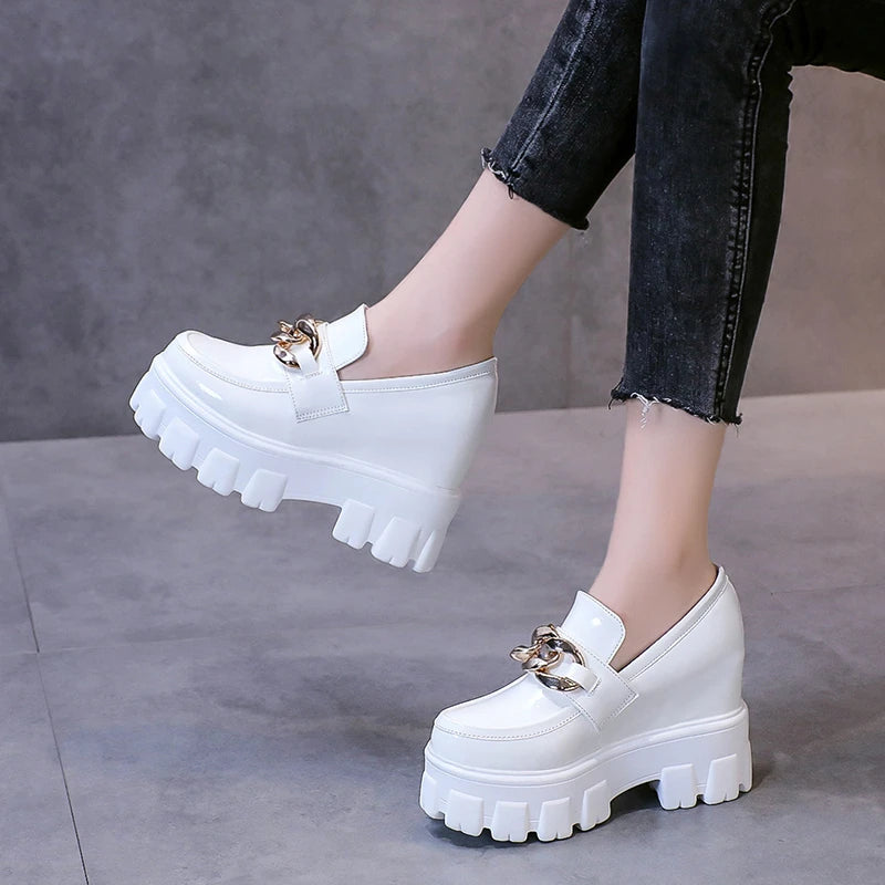 Patent Leather Breathable Chain Chunky High Heels Platform Sneakers Loafers