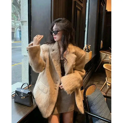 Pink Woolen Lapel Fashion Elegant Long Single High Street Coat