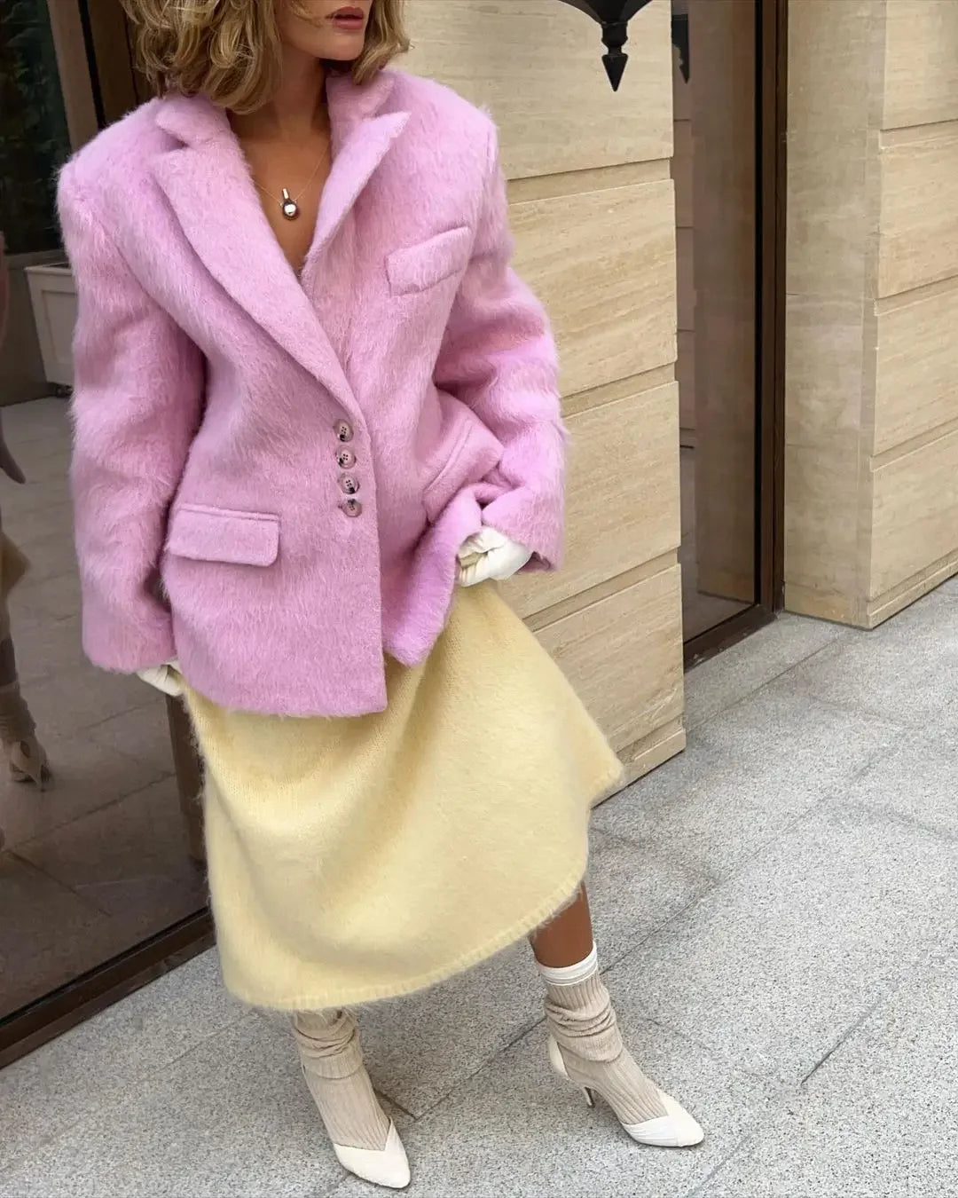 Pink Woolen Lapel Fashion Elegant Long Single High Street Coat