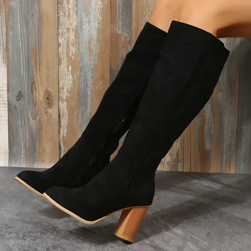 Women Retro Heels Western Cowboy Warm Plush Leather Suede Knee High Boots