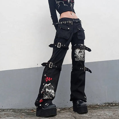 Gothic Retro Washed Print Low-Rise Cool Loop Hip Hop Wide-Leg Street Pants