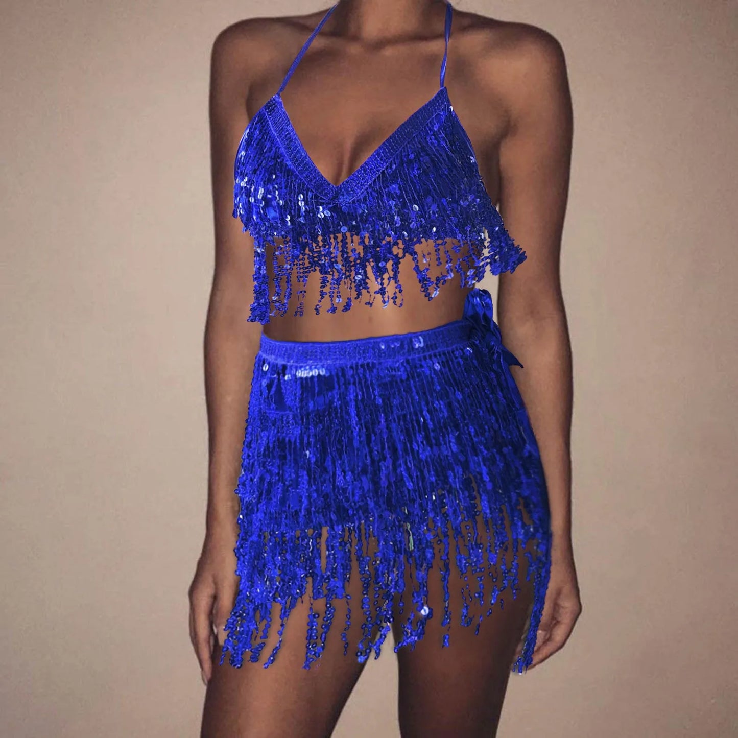 Sparkling Sequin Belly Costume Tassel Wrap Mini Skirt Club And Vest Set Club Party Shiny Dance Costume Two-Piece Women Clothing Dress