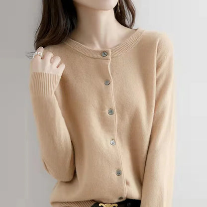 Single Breasted Chic Fashion Solid Long Sleeve Round Neck Autumn Winter Casual Cardigan