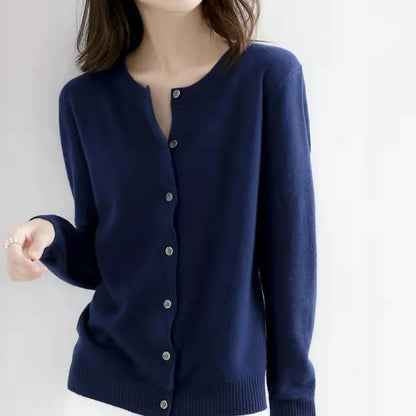 Single Breasted Chic Fashion Solid Long Sleeve Round Neck Autumn Winter Casual Cardigan