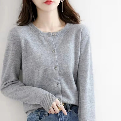 Single Breasted Chic Fashion Solid Long Sleeve Round Neck Autumn Winter Casual Cardigan