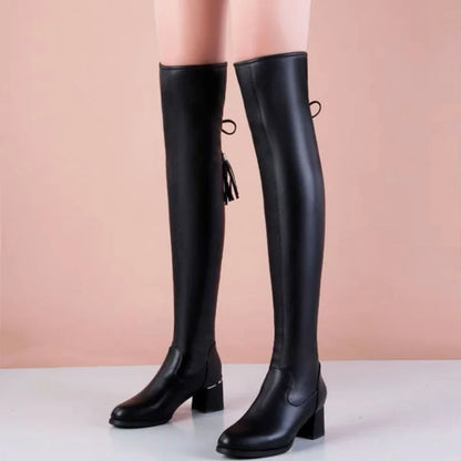 Women Soft Leather Elastic Short Plush Thick Heels Slip On Knight Knee High Boots