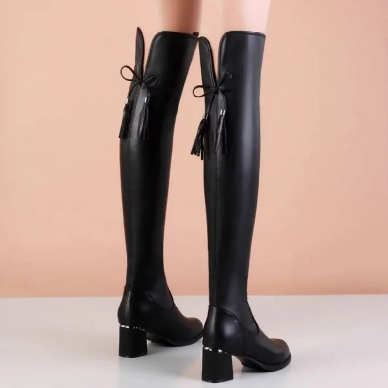 Women Soft Leather Elastic Short Plush Thick Heels Slip On Knight Knee High Boots