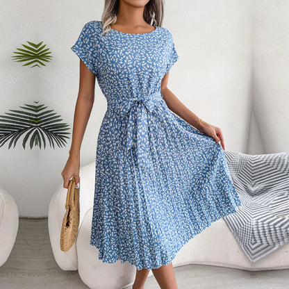 Women Spring Short Waist Chic Floral Pleated A Line Long Midi Dresses