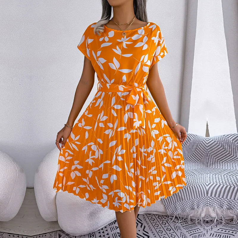 Women Spring Short Waist Chic Floral Pleated A Line Long Midi Dresses