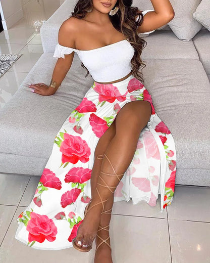 DressBetty - Summer Floral Print Elegant Sexy Off Shoulder Split Long Maxi Skirt