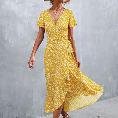 Summer V Neck Ruffle Short Sleeve Split Wrap Maxi Tie Waist Casual Flowy Long Party Smocked For Women Dress