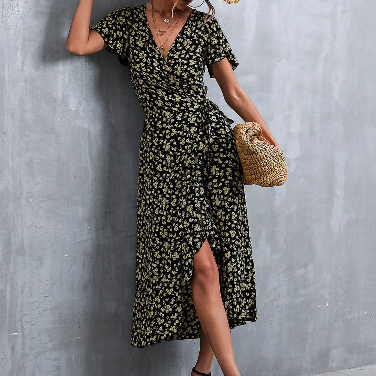 Chic Summer V Neck Short Sleeve Split Wrap Floral Maxi Waist Tie Casual Flowy Long Boho Beach Femme Robe Dress