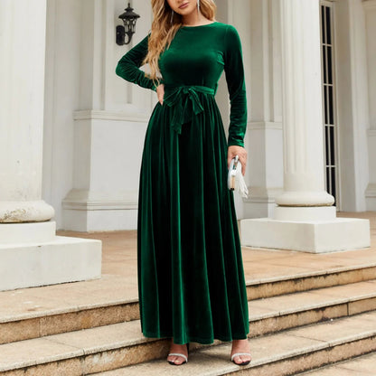 Green Velvet Long Dress with Lace-up Detail for Christmas Party