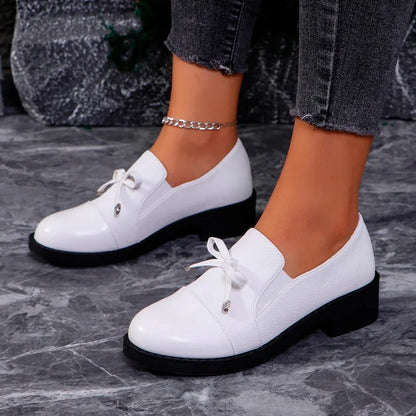 Black Leather Bow Autumn Sneakers Comfortable Casual Flat Loafers