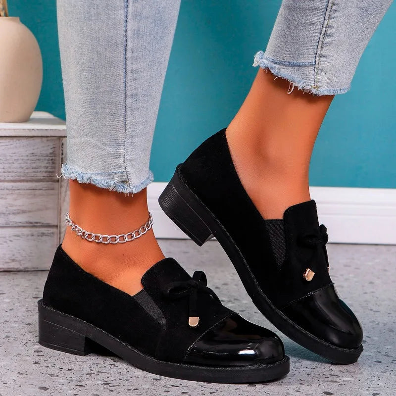 Black Leather Bow Autumn Sneakers Comfortable Casual Flat Loafers