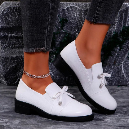 Black Leather Bow Autumn Sneakers Comfortable Casual Flat Loafers