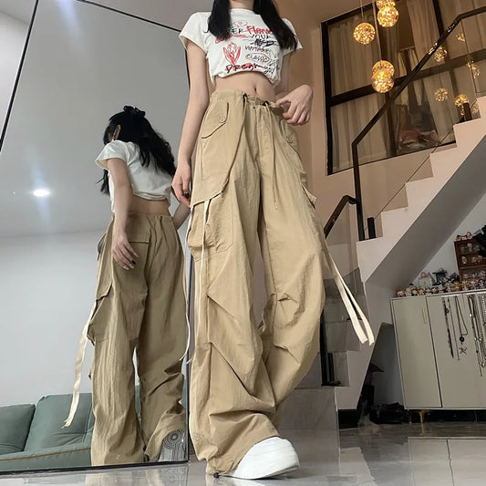 Khaki Straight Baggy  Wide Leg High Waist Drawstring Sweatpants