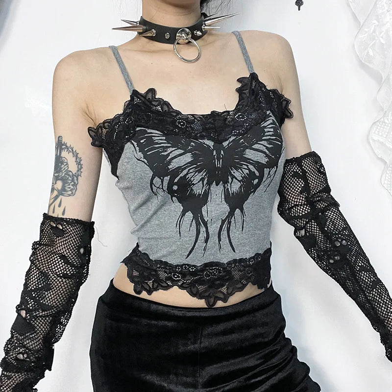 Women's Butterfly Skull Print Contrast Lace Strap Sleeveless Punk Gothic Crop Top