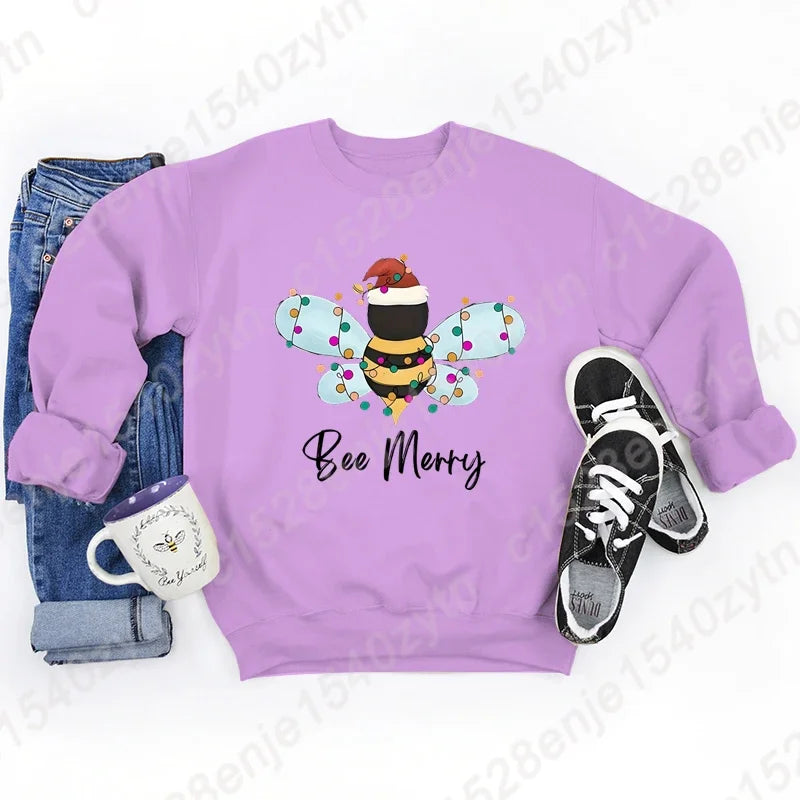 Festive Bee Letter Print Christmas Hoodie - Long Sleeve