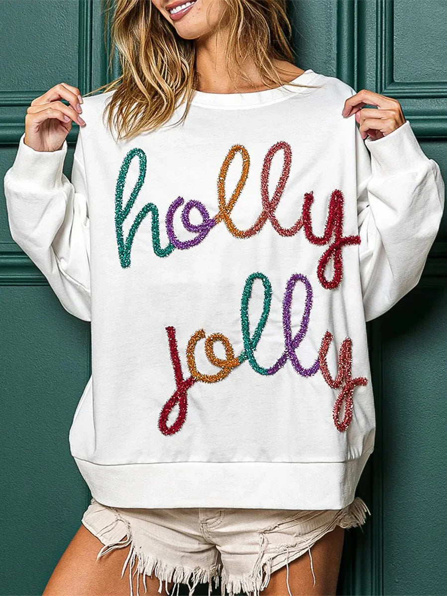 Sequin Letter Pattern Long Sleeve Round Neck Loose Christmas Hoodie