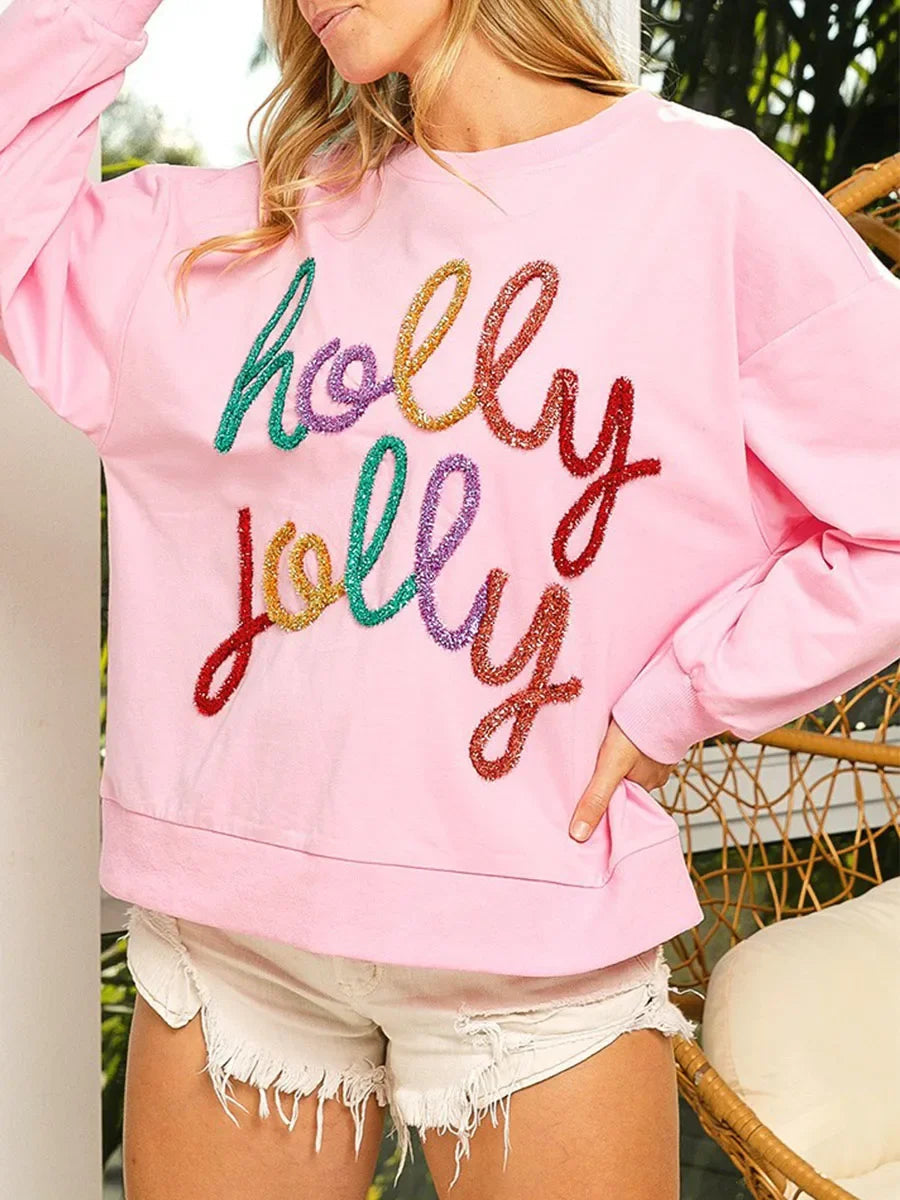 Sequin Letter Pattern Long Sleeve Round Neck Loose Christmas Hoodie