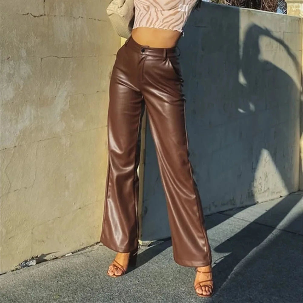 High Waist Wide Leg Straight Tube Autumn Winter Elastic PU Leather Pants