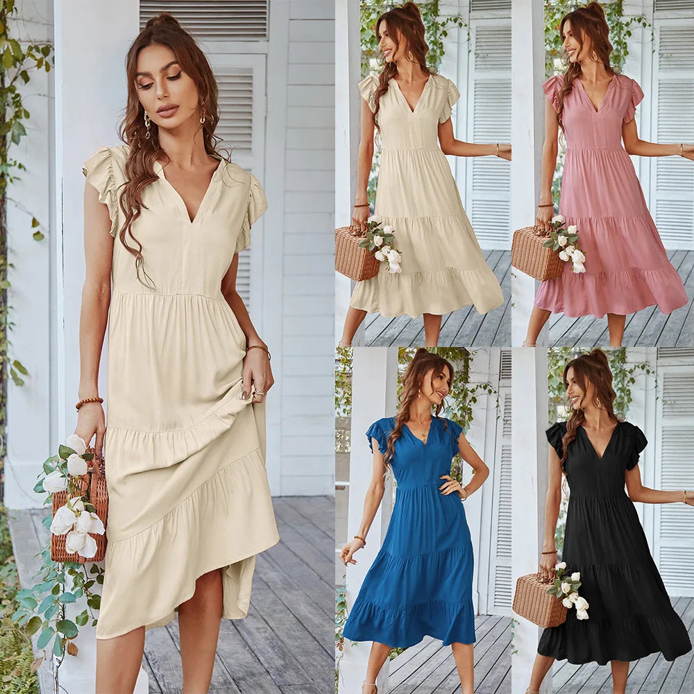 Loose V-neck Sexy Flying Solid Leisure A-line Long Midi Dresses