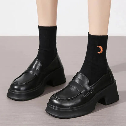 Slip On Thick Platform Black School Uniform Japan Style Leather Pumps Loafers