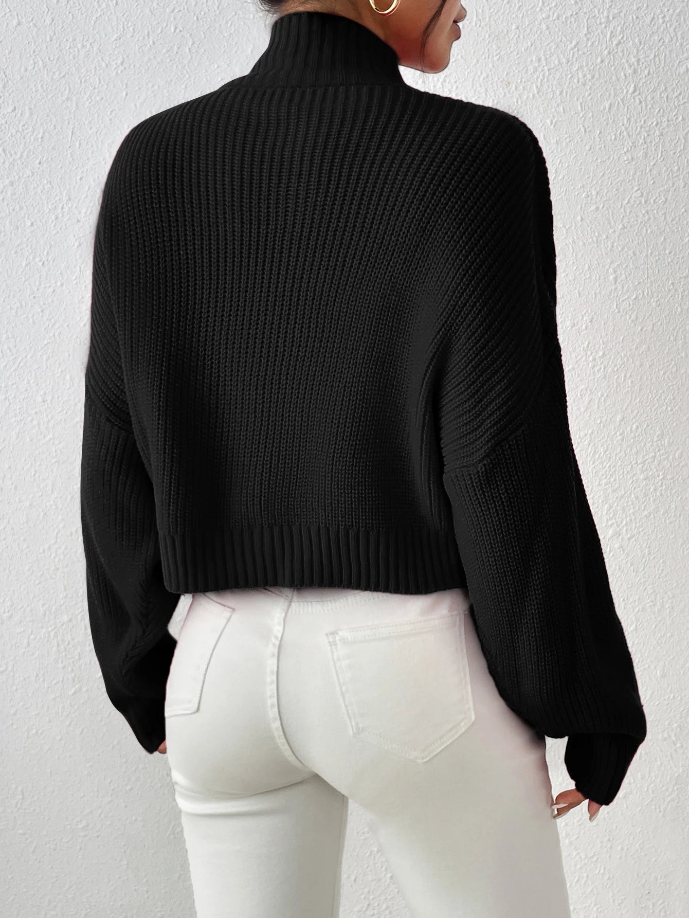 Ribbed Knitted Mock Long Solid High Drop Shoulder Sweater