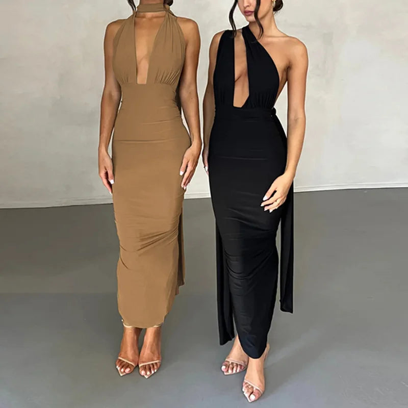 Sexy Deep Bare High Irregular Tight Female Midi Dresses