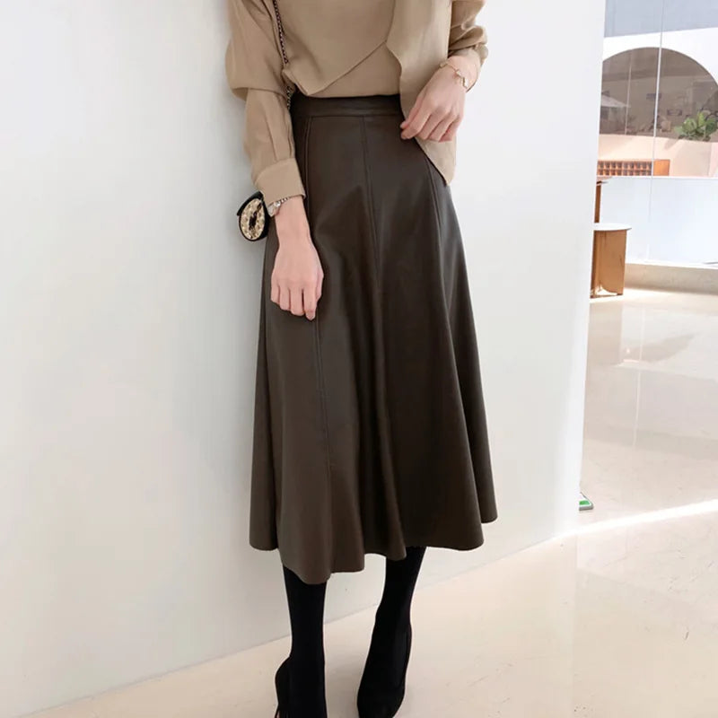 Sheepskin High Waist Big Swing Genuine Leather Temperament Long Skirt