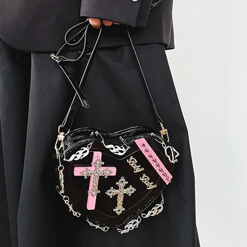 Heart-Shaped Leather Gothic Punk Crossbody Metal Decoration Shoulder Bag