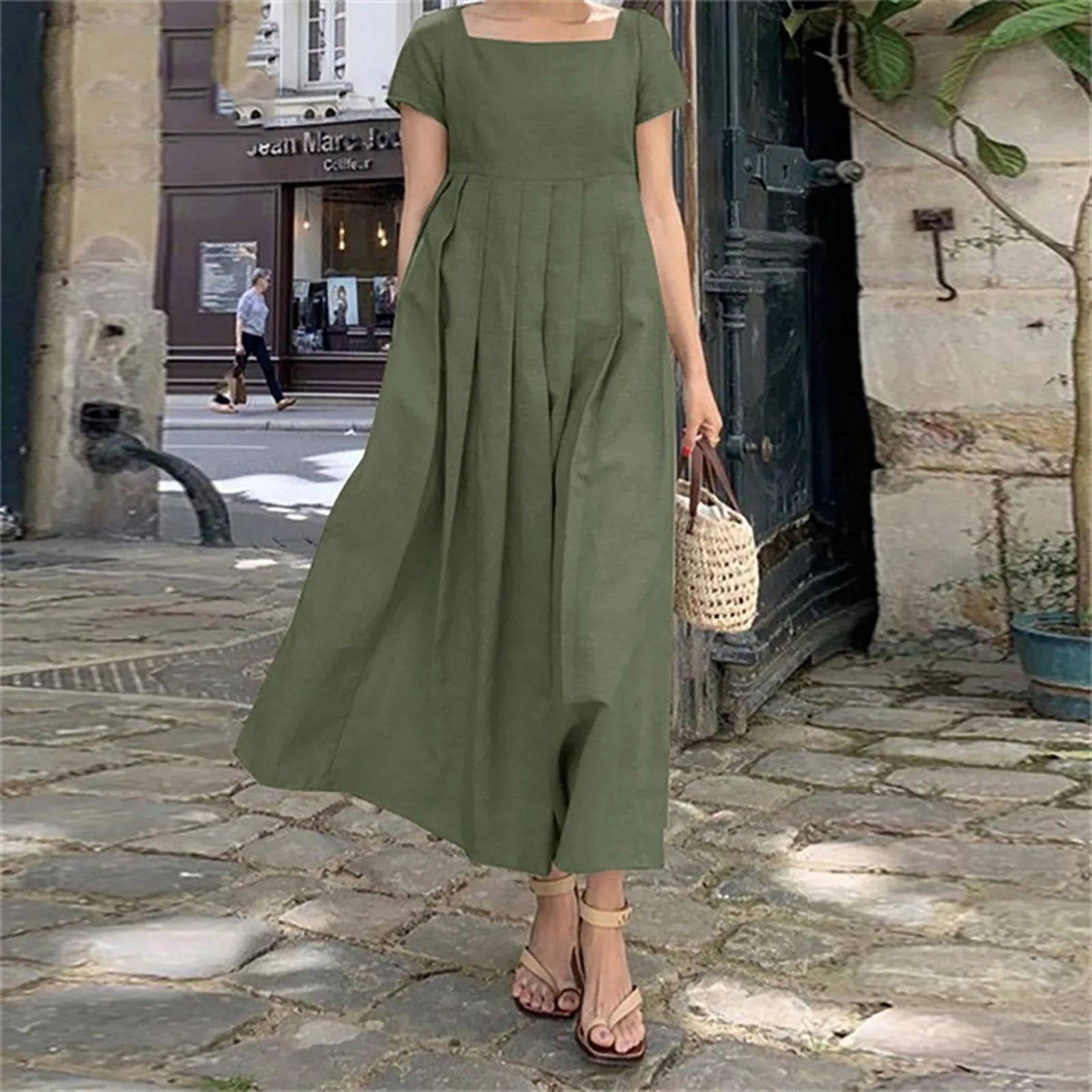 Casual Solid Color Square Collar Cotton Linen Swing Party Midi SunVestidos Dress