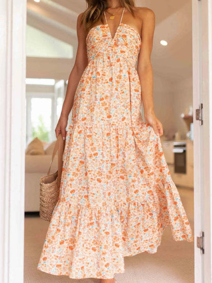 Women's Chiffon Halter V Neck Floral Flowy A Line Boho Backless Tiered Midi Dresses