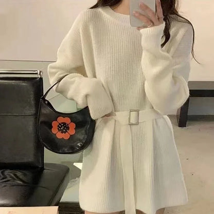 Autumn Winter Loose Lace Waist Oversized Soft Knitted Sweater