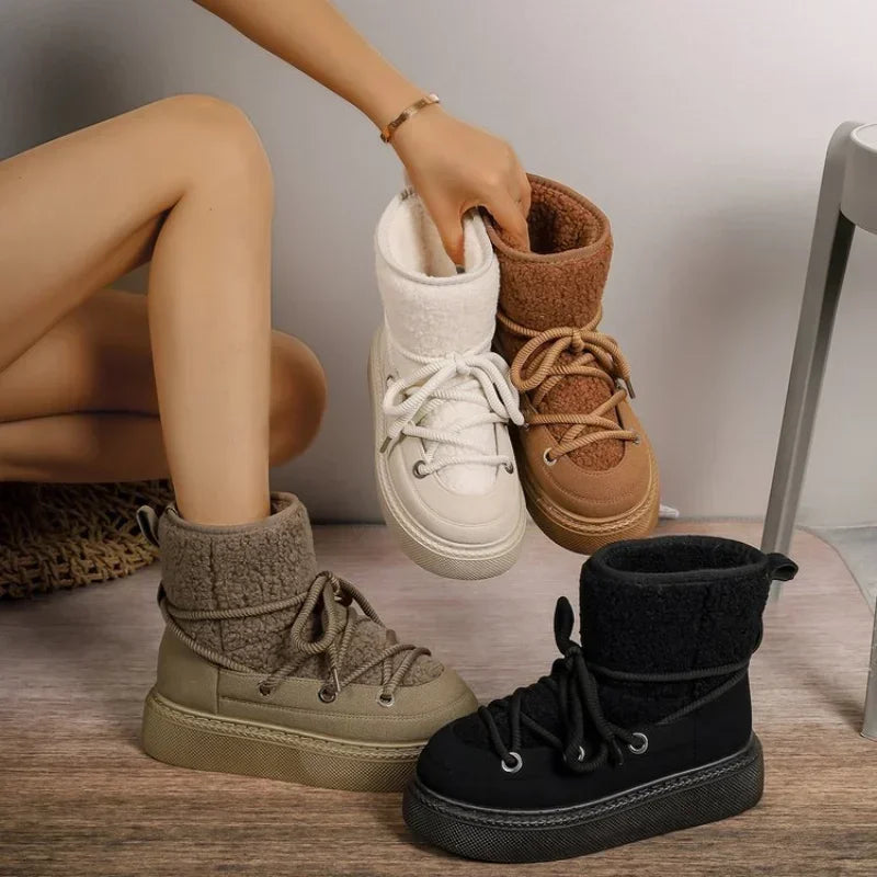 Thick-soled Cross-strap Round Toe Plush Warm Casual Snow Boot