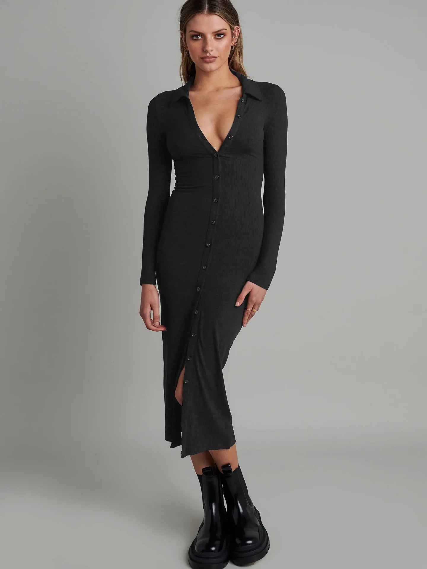 Tight Bag Hip Button-up Ribbed Slim Sexy Midi Dresses