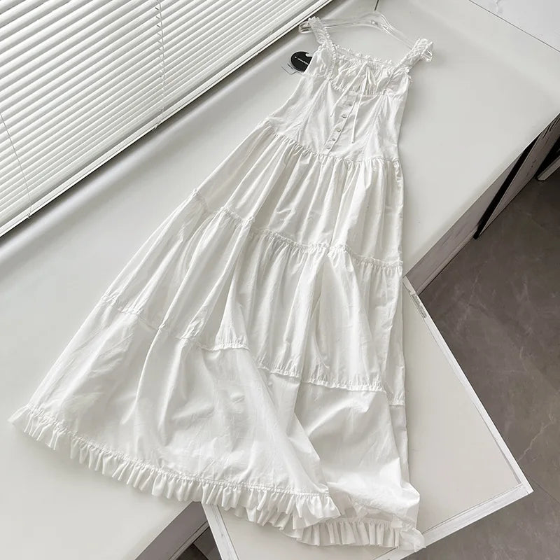 White Lazy Holiday Ruffled Extra Seaside Midi Dresses