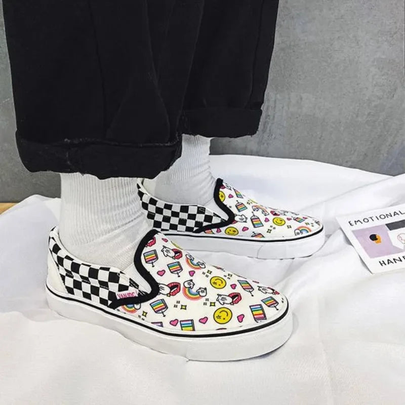 Womens Canvas Multicolor Checkerboard Design Slip-On Flats Summer Fashion Skateboard