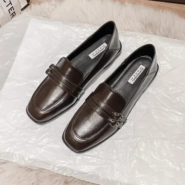 Black Fur Square Toe All-Match Leather Fall Casual Derby Oxfords Loafers