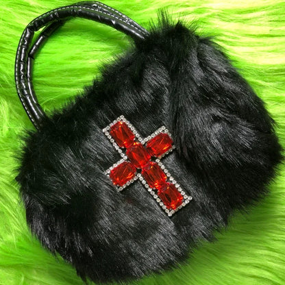 Y2K Gothic Soft Plush Black Cross Applique Harajuku Punk Hip Hop Shoulder Bag