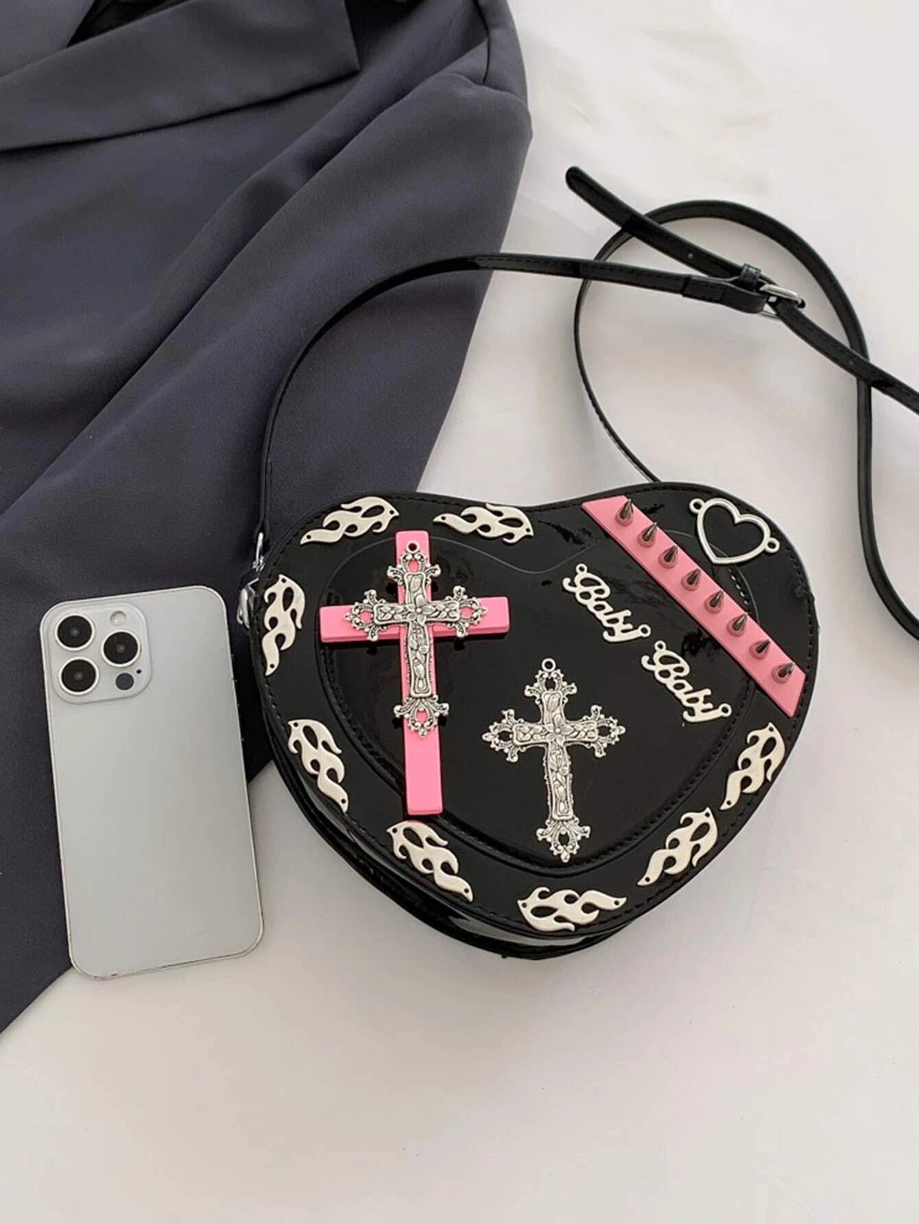 Y2K Coffin Shape Trendy Gothic Punk Cross Pattern Colorful Mini PU Bag