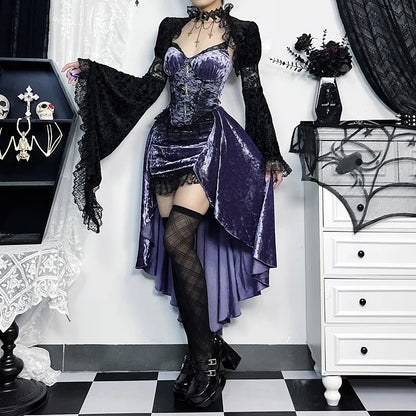 French Fashion Purple Slim Sling Trailing Gothic Dark High Waist Irregular Fairy Grunge Dress