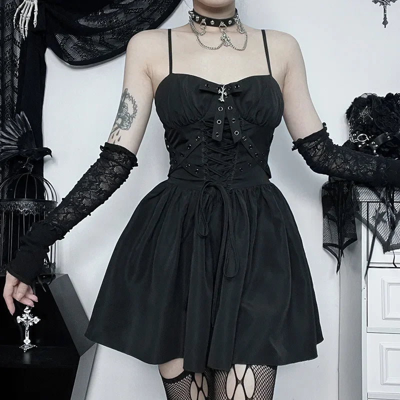 Dark Gothic Spaghetti Strap Elegant Grunge Ruched Bandage Punk Steampunk Dress