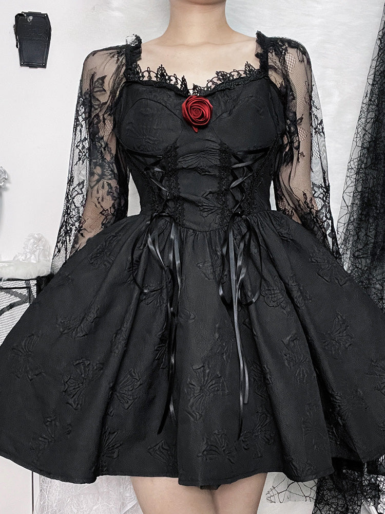 Grunge Party High Waist Gothic Dark Sexy A-Line Jacquard Lace Sleeve Lolita Vintage Harajuku Dress