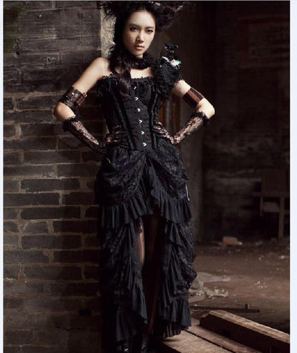 New Women Retro Victorian Lace Up SteamGothic Goth Long Ruffle Dress Skirt